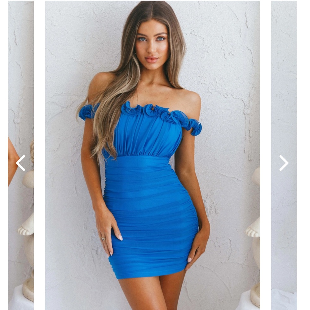 SENORITA OFF-SHOULDER LETTUCE EDGE DETAIL RUCHED MINI DRESS BLUE